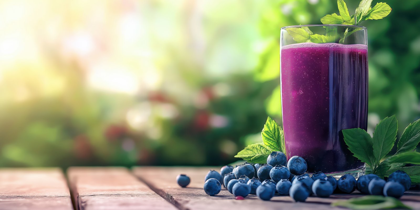 Refreshing blueberry smoothie with mint leaves on a wooden table under warm sunlight